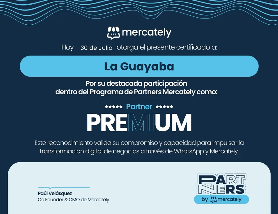 Certificado que acredita a La Guayaba como Partner Premium del Programa de Partners de Mercately